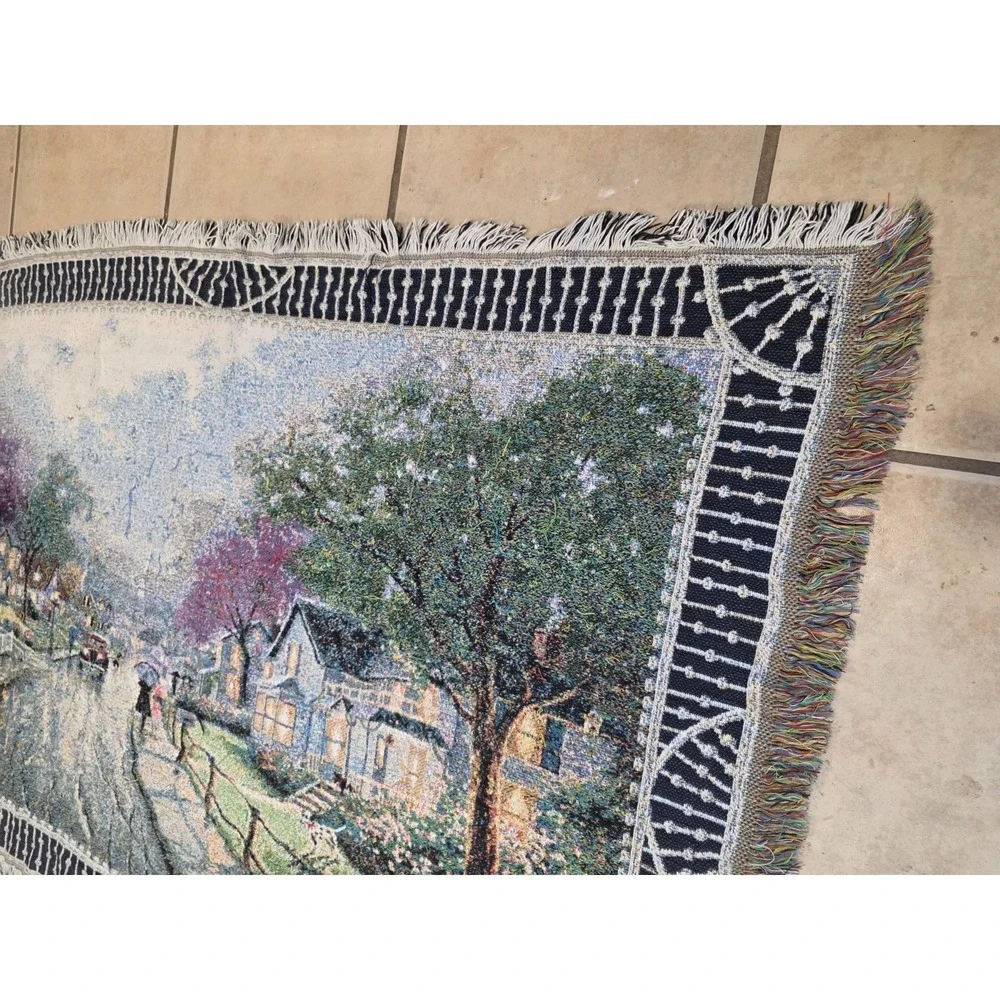 Thomas Kinkade Woven Tapestry Throw Blanket Rainy Neighborhood